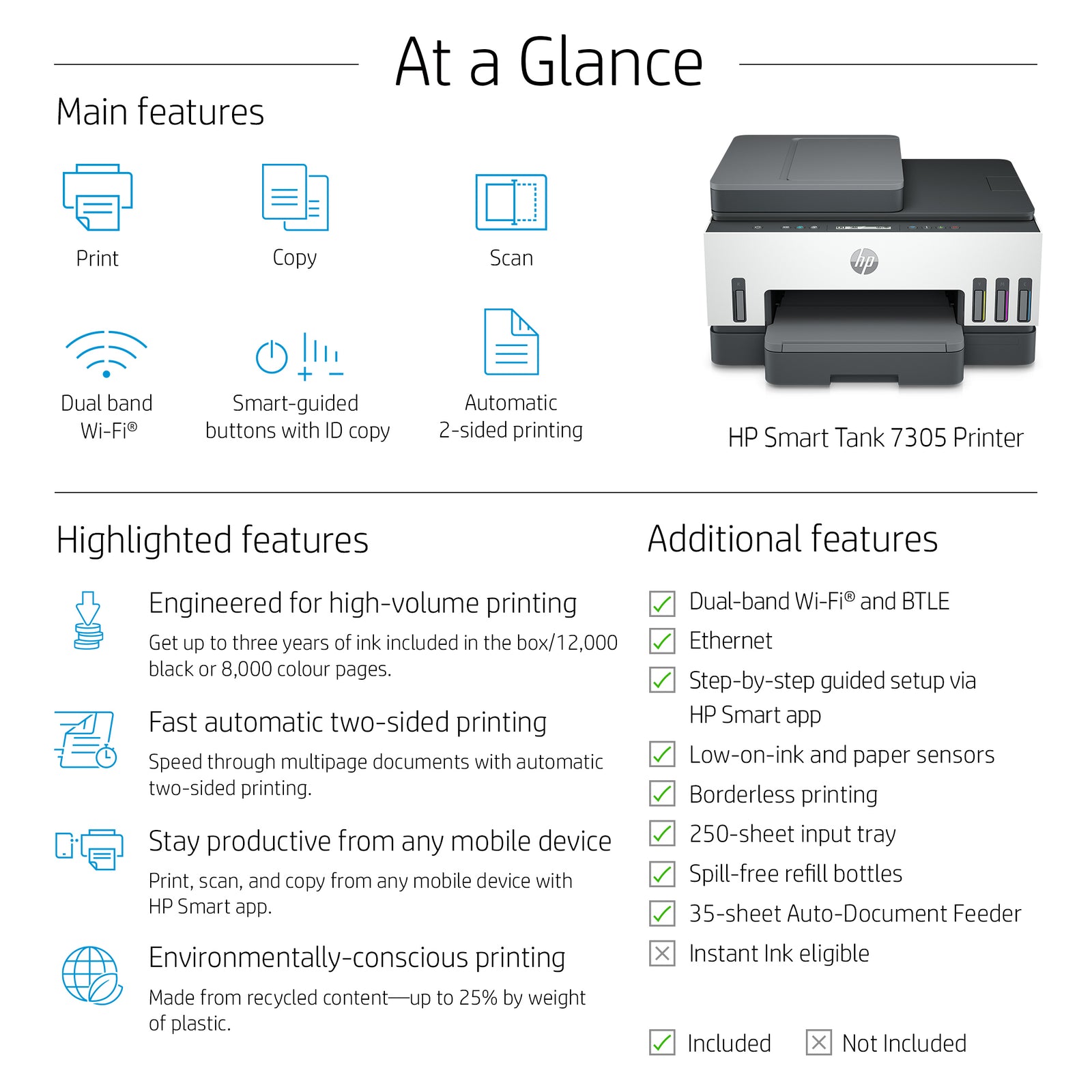 Impresora multifunción HP Smart Tank 7305 con conectividad inalámbrica