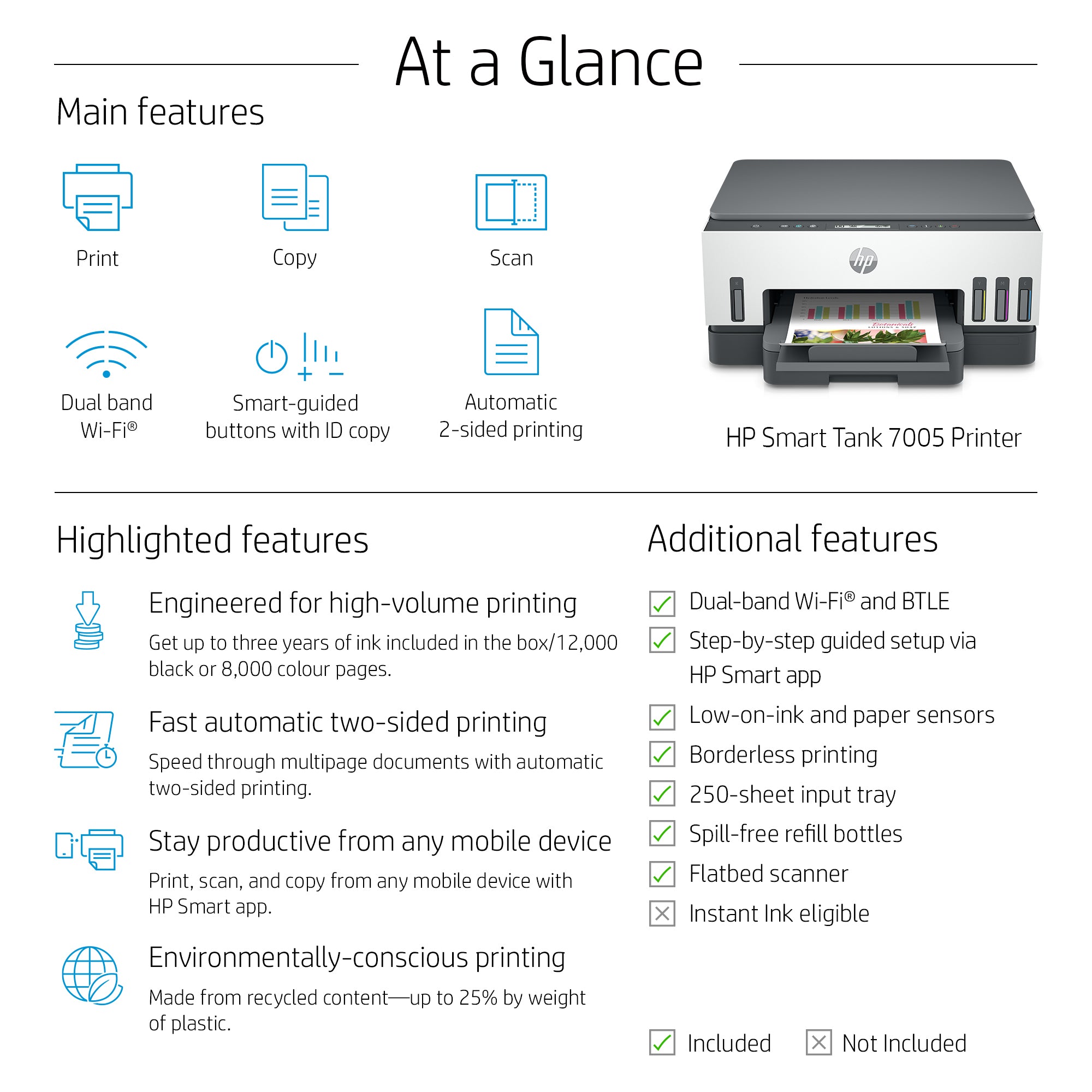 HP Smart Tank 7005 Wireless All-in-One Color Printer, Two-sided printing; Copier, Scanner 28B54A#BHC