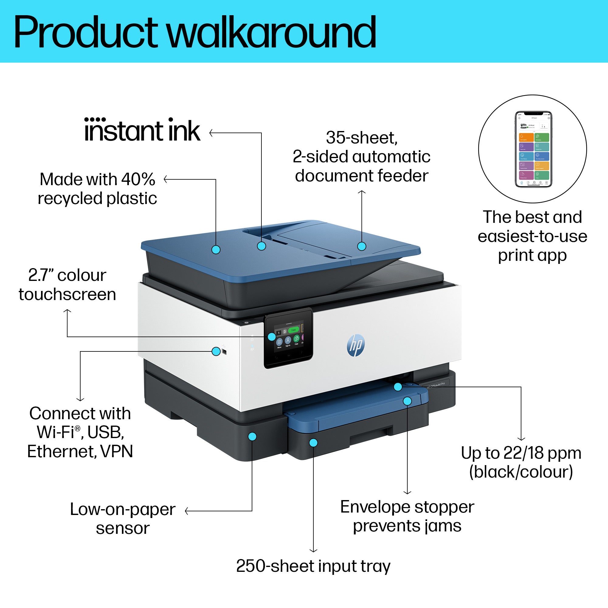 HP OfficeJet Pro 9125e Draadloos All-in-One Kleur Printer, Instant Ink; Dubbelzijdig printen