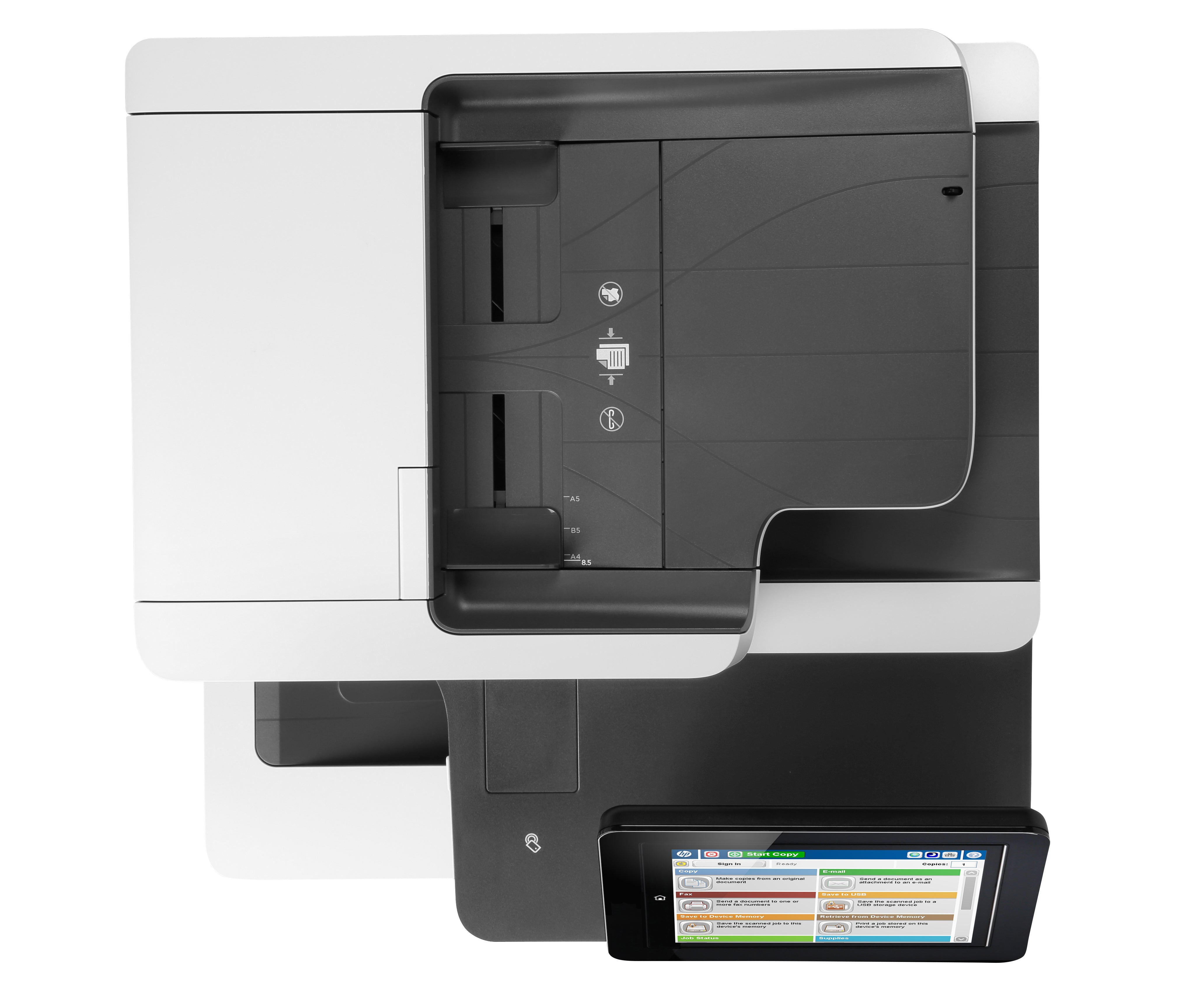 HP Color Laserjet Enterprise Flow MFP M577C, color, printer for company, printing, copying, scanning, faxing, input for 100 sheets; Printing via the USB port at the front; Scanning to e-mail/pdf; Double -sided