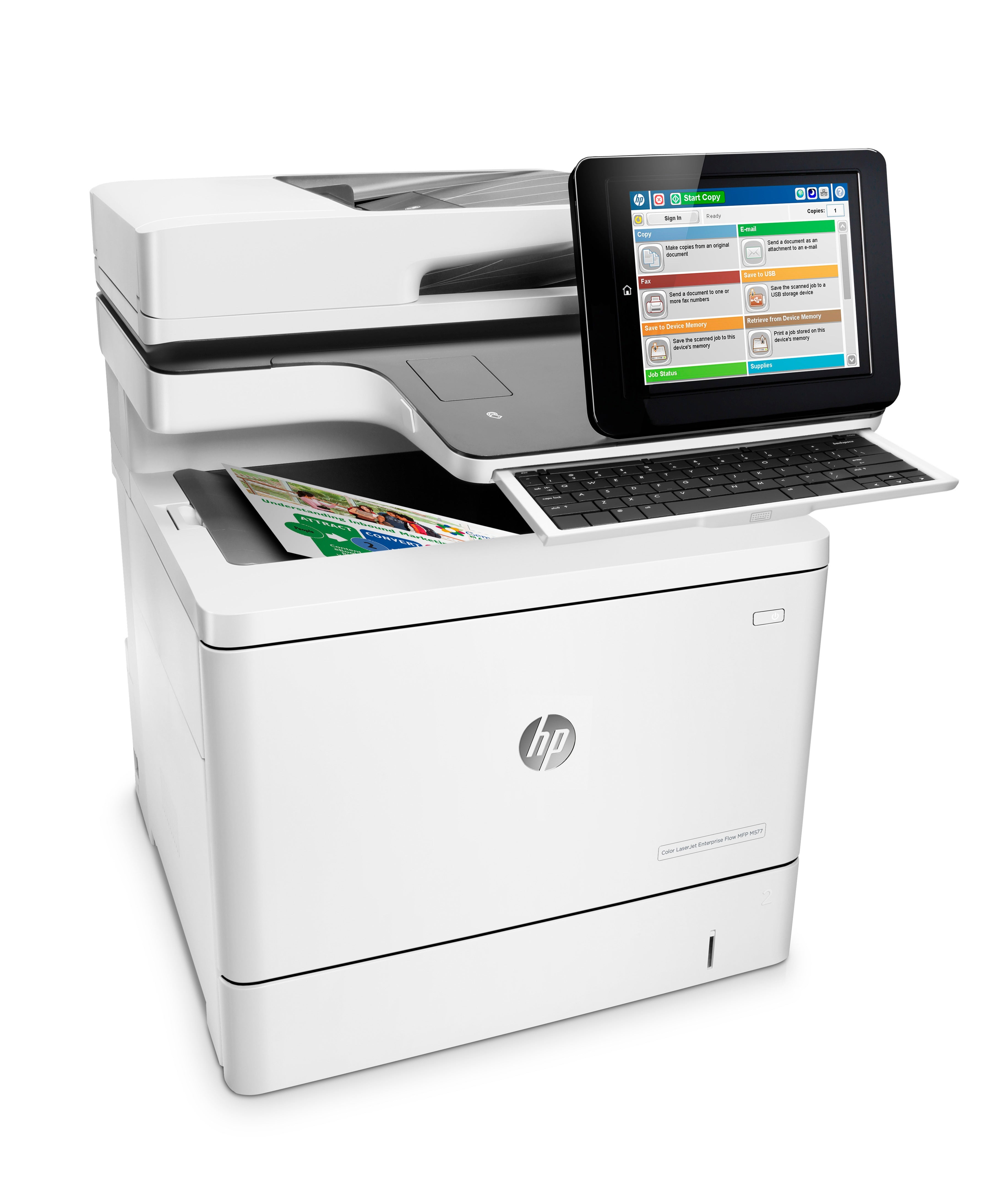 HP Color Laserjet Enterprise Flow MFP M577C, color, printer for company, printing, copying, scanning, faxing, input for 100 sheets; Printing via the USB port at the front; Scanning to e-mail/pdf; Double -sided