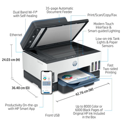 Impresora multifunción HP Smart Tank 7606 con pantalla táctil y conectividad inalámbrica