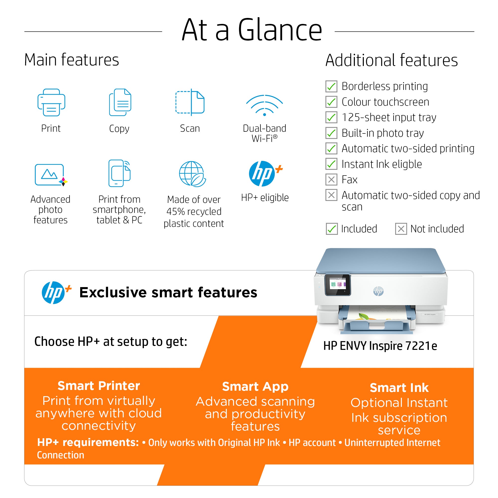 HP ENVY Inspire 7221e Draadloos All-in-One Kleur Printer, Instant Ink; Foto's printen