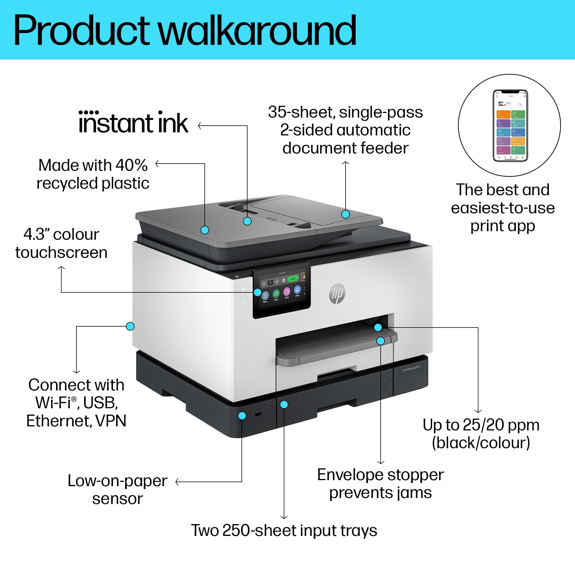 HP OfficeJet Pro 9132e Draadloos All-in-One Kleur Printer, Instant Ink; Dubbelzijdig printen