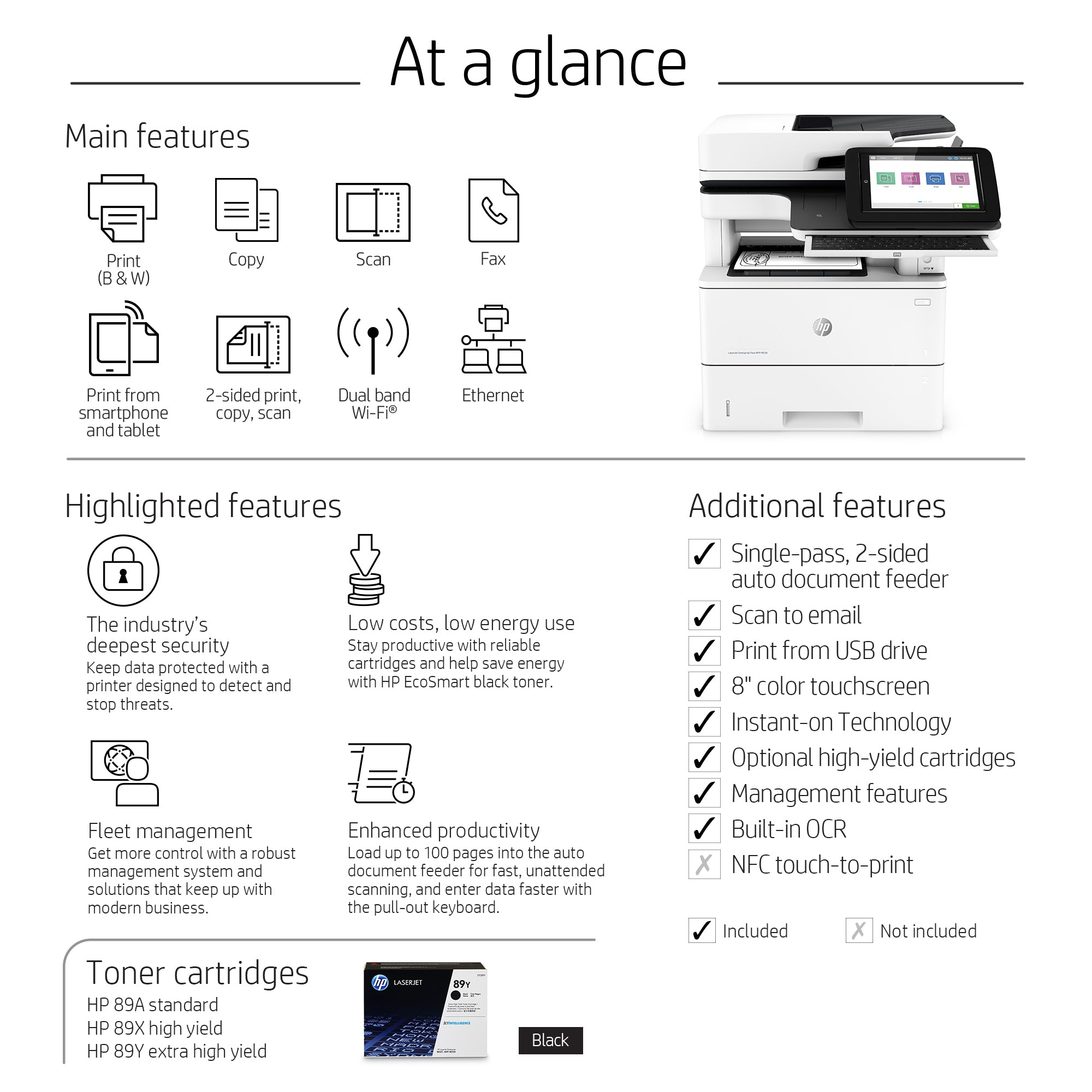 HP LaserJet Enterprise Flow MFP M528Z, impresión, copia, escaneo, fax, imprimición a través del puerto USB en la parte delantera; Escanear al correo electrónico; Imprima el doble lado; Escaneo de doble lado