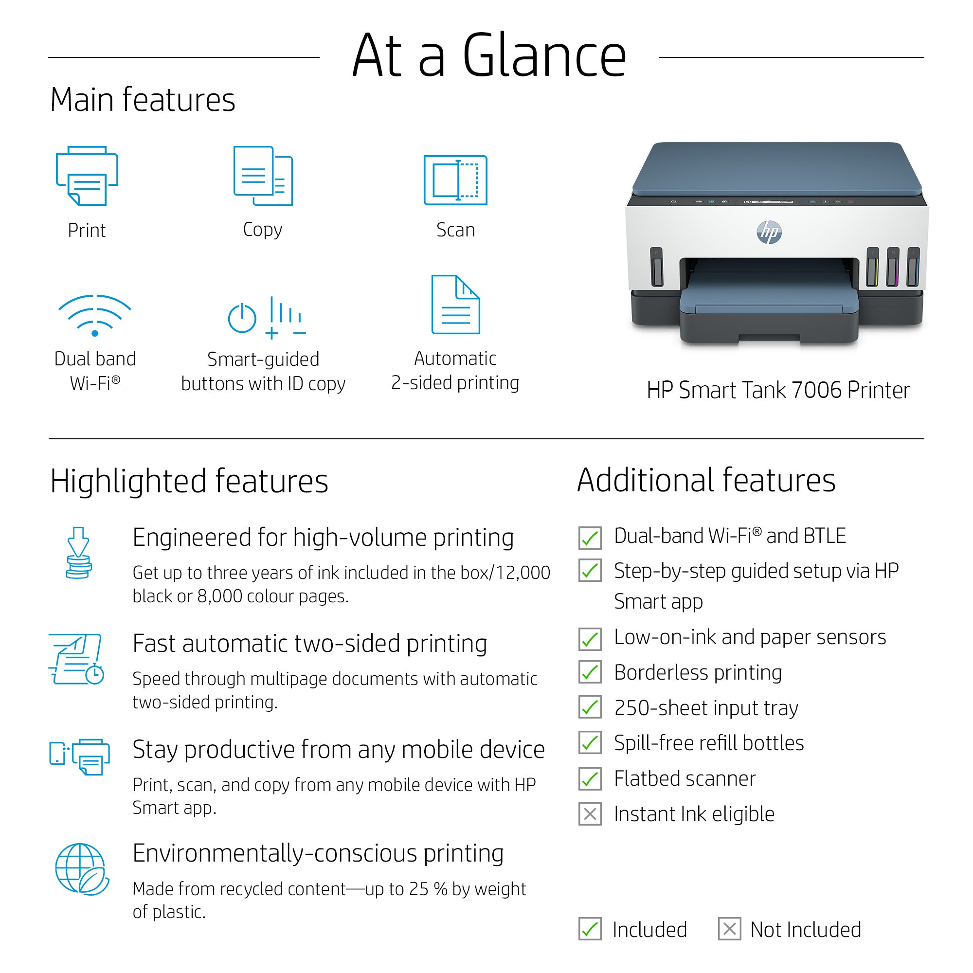HP Smart Tank 7006 Draadloos All-in-One Kleur Printer, Dubbelzijdig printen; Kopieerapparaat, Scanner