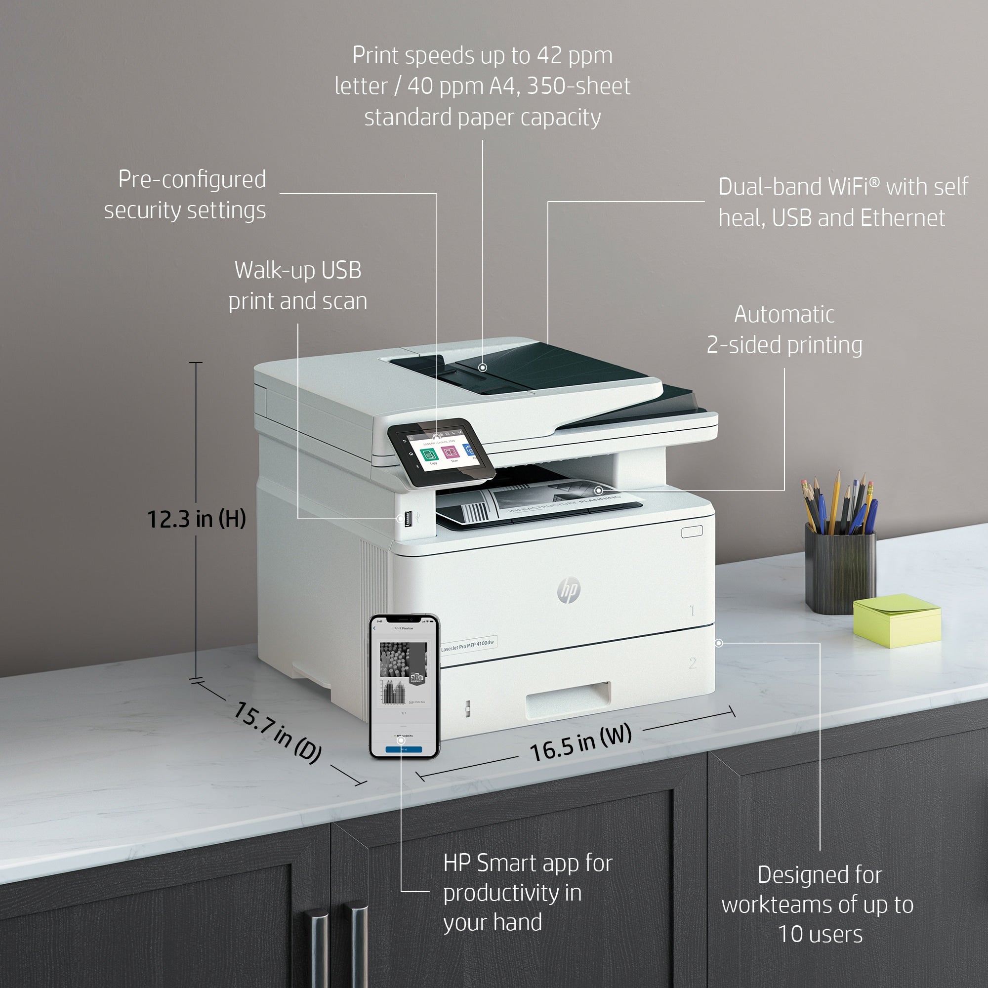 HP LaserJet Pro 4002dw printer, Zwart-wit, Printer voor Kleine en middelgrote ondernemingen, Print, Dubbelzijdig printen; Eerste pagina snel gereed; Compact formaat; Energiezuinig; Optimale beveiliging; Dual-band Wi-Fi