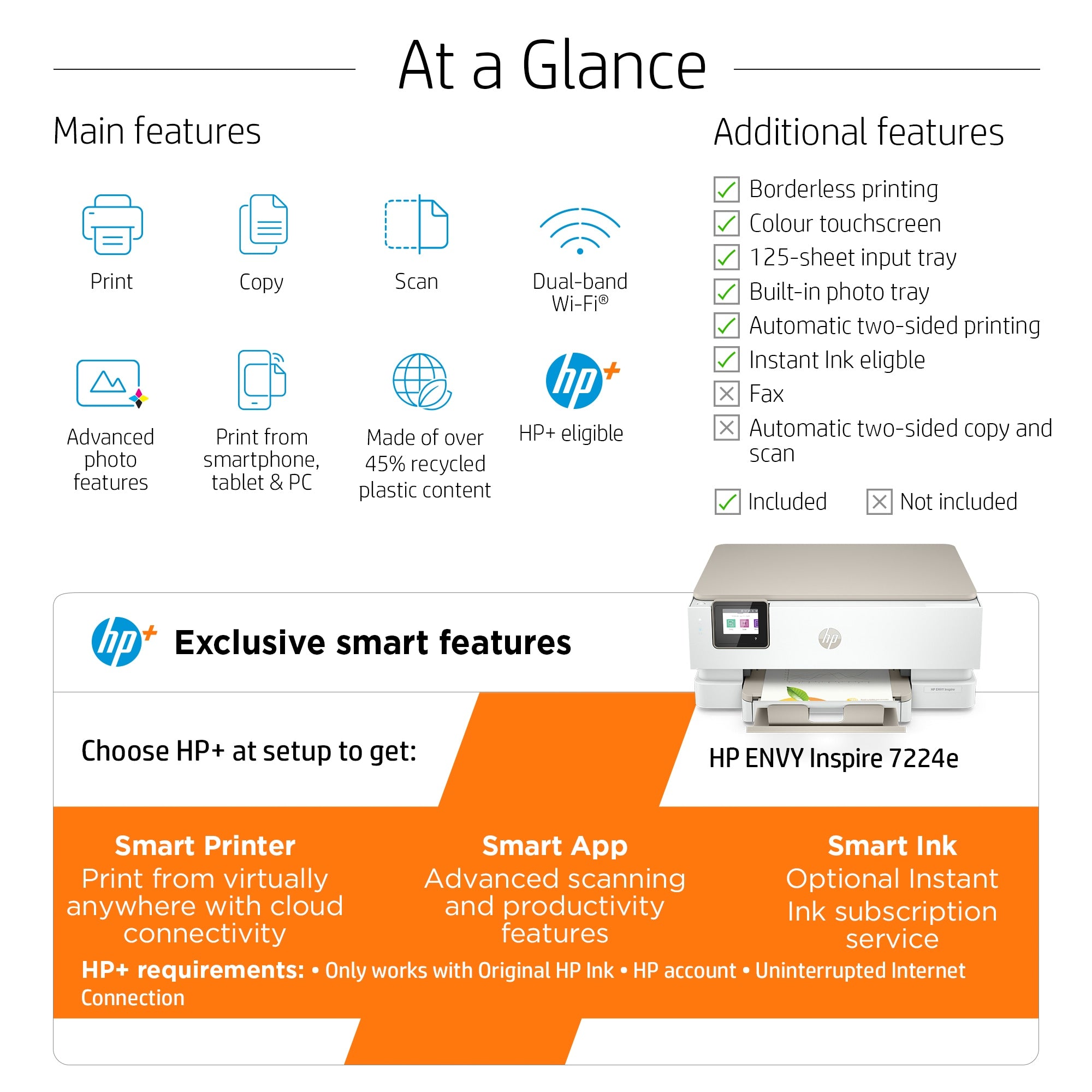 HP ENVY Inspire 7224e Draadloos All-in-One Kleur Printer, Instant Ink; Kopieerapparaat, scanner