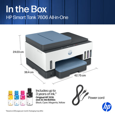 Impresora multifunción HP Smart Tank 7606 con pantalla táctil y conectividad inalámbrica