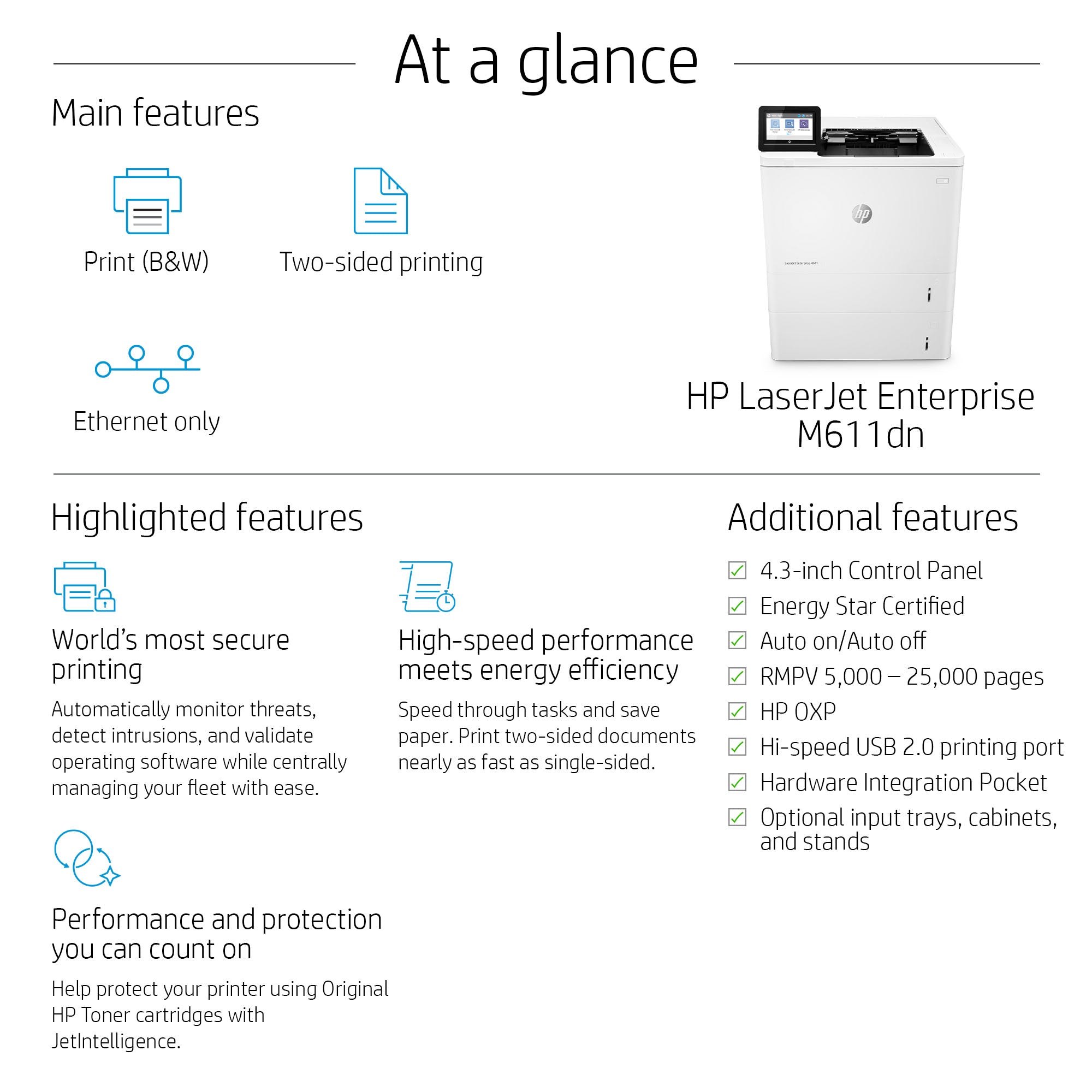 HP LaserJet Enterprise M611dn Black and white Printer, Ethernet Only; Duplex