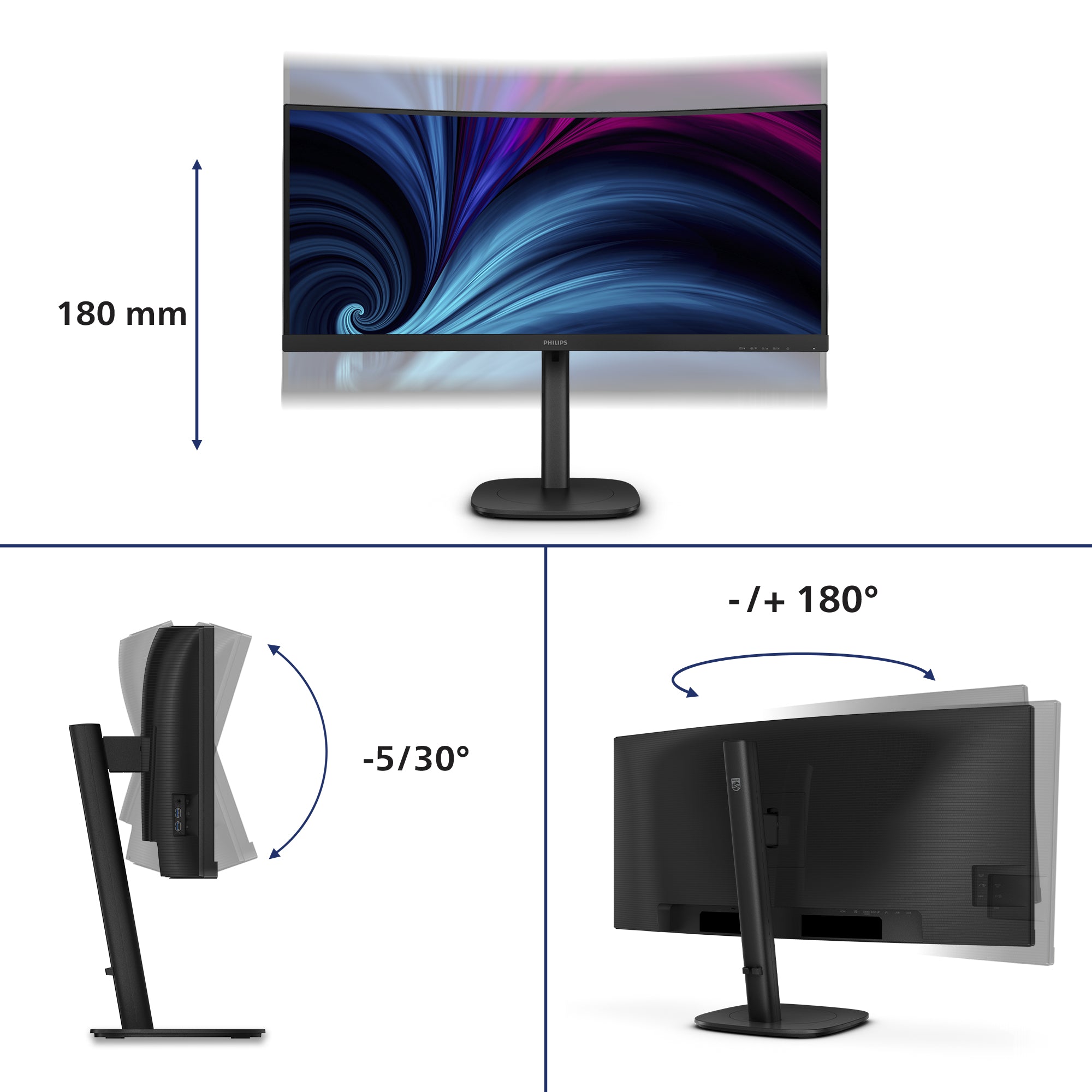Philips 3000 series 34B2U3600C/00 computer monitor 86.4 cm (34") 3440 x 1440 pixels Wide Quad HD LCD Black 34B2U3600C/00