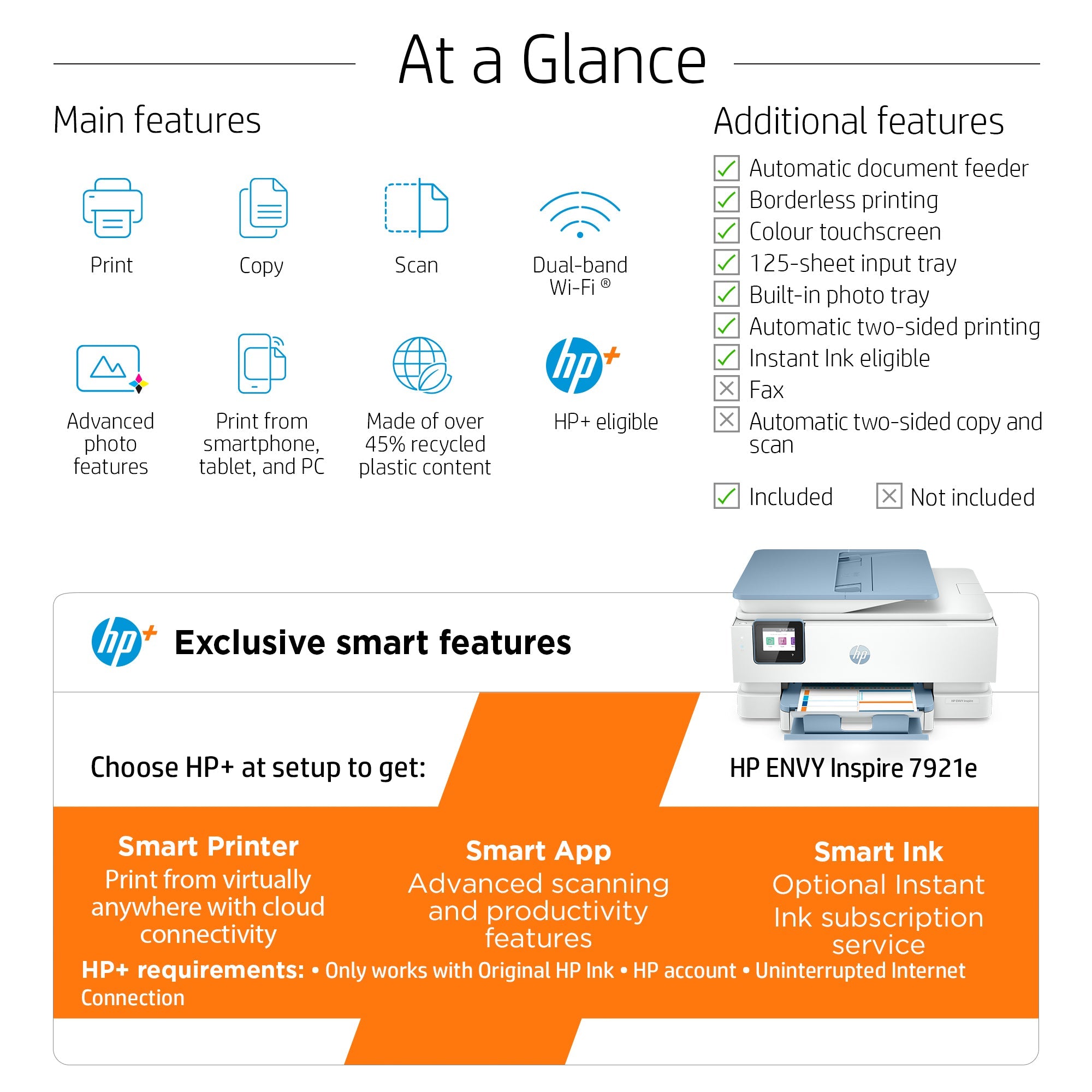 HP ENVY Inspire 7921e Draadloos All - in - One Kleur Printer, Instant Ink; Foto's printen 2H2P6B629 - Compridis