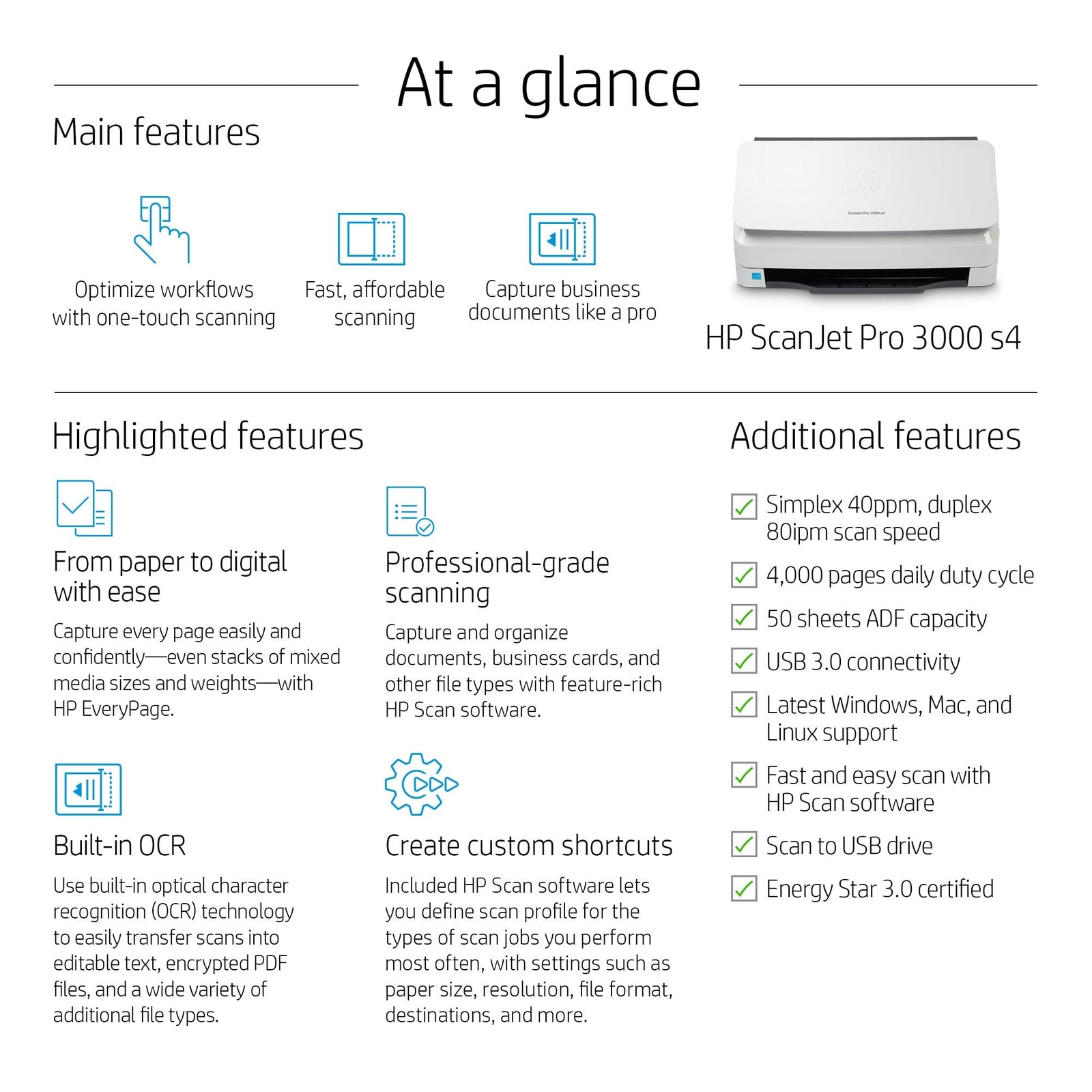 HP ScanJet Pro 3000 s4 6FW07AB19 - 40 ppm, 600 dpi, zwart - Compridis