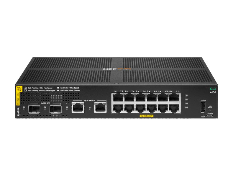 HPE Aruba Networking Aruba 6100 12G Class4 PoE 2G/2SFP+ 139W Managed L3 Gigabit Ethernet (10/100/1000) Power over Ethernet (PoE) 1U Zwart JL679A#B2C