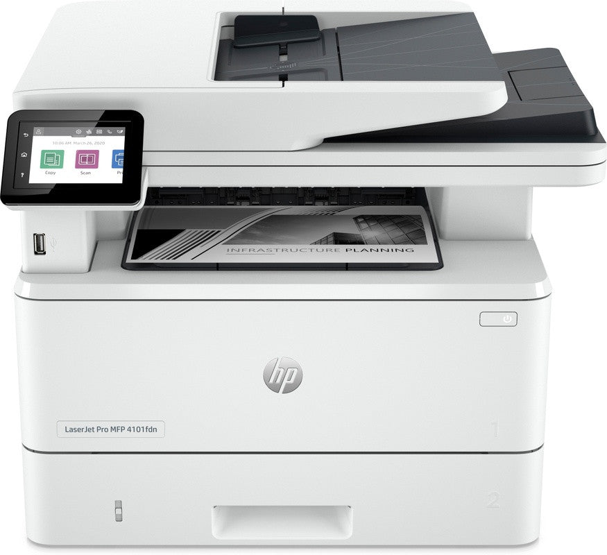 HP LaserJet Pro MFP 4102fdn printer, Zwart-wit, Printer voor Kleine en middelgrote ondernemingen, Printen, kopiëren, scannen, faxen, Geschikt voor Instant Ink; printen vanaf telefoon of tablet; Automatische documentinvoer; Dubbelzijdig printen 2Z623F#B19