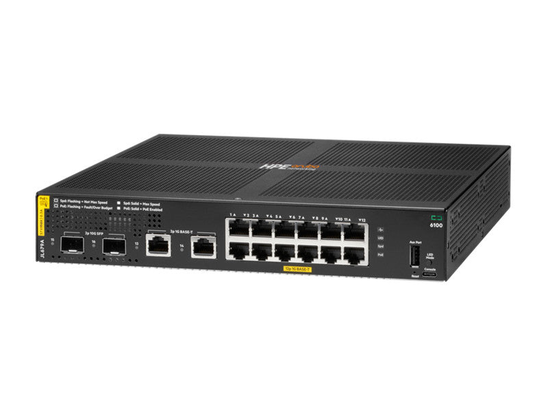 HPE Aruba Networking Aruba 6100 12G Class4 PoE 2G/2SFP+ 139W Managed L3 Gigabit Ethernet (10/100/1000) Power over Ethernet (PoE) 1U Zwart JL679A#B2C
