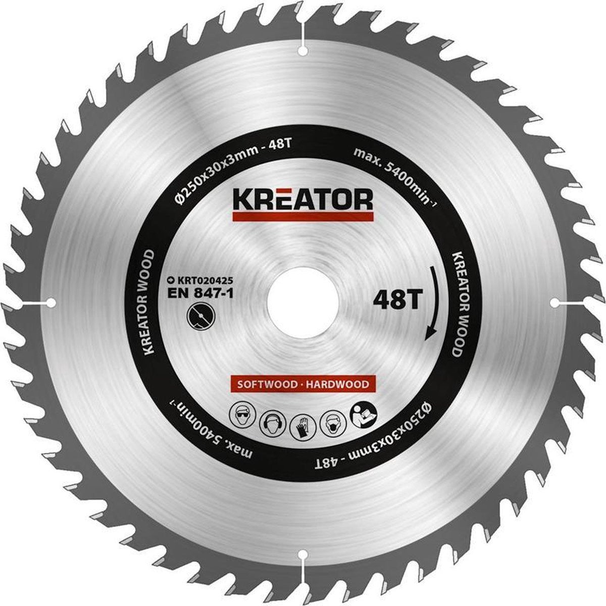 Cuchilla de sierra kreator para madera 250x30x3mm 48t KRT020425