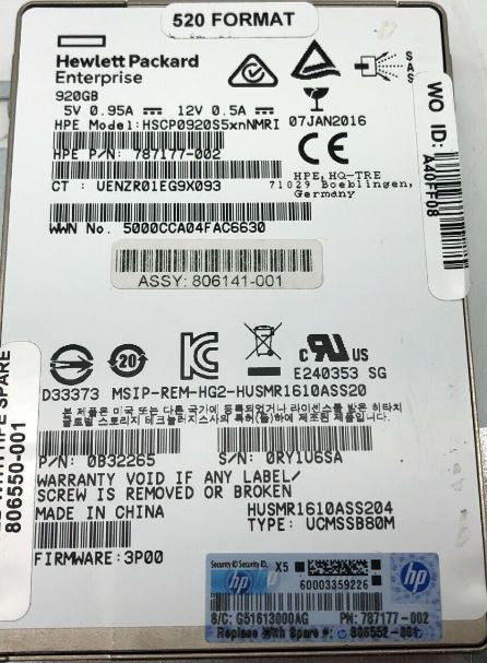 HPE SSD 920GB MLC SAS 6GBPS 2.5 "STRV10000 806550-001